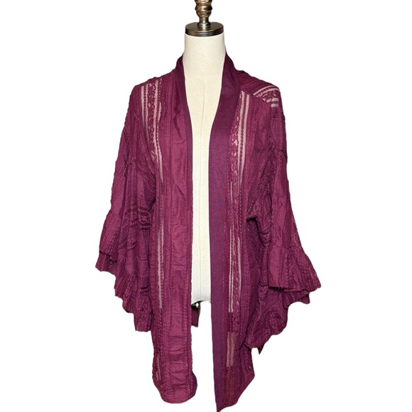 Umgee Maroon Open Front Lace Cardigan Butterfly Flutter Sleeves Oversize Womens - Picture 1 of 6